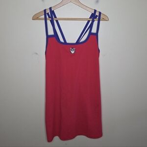 Y2K Red & Purple Strappy Criss Cross Back Athleisure Dress Cool Cat Graphic